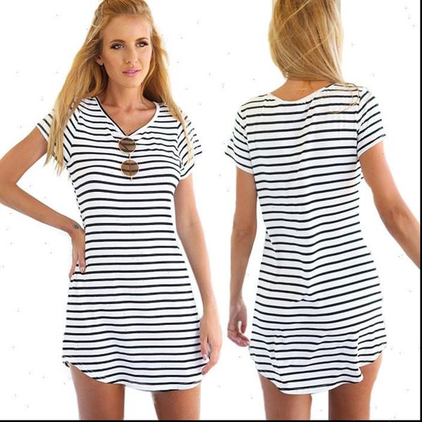 

women o neck short sleeve striped loose mini dress sundress plus size women beach summer dress drop shipping, Black;gray