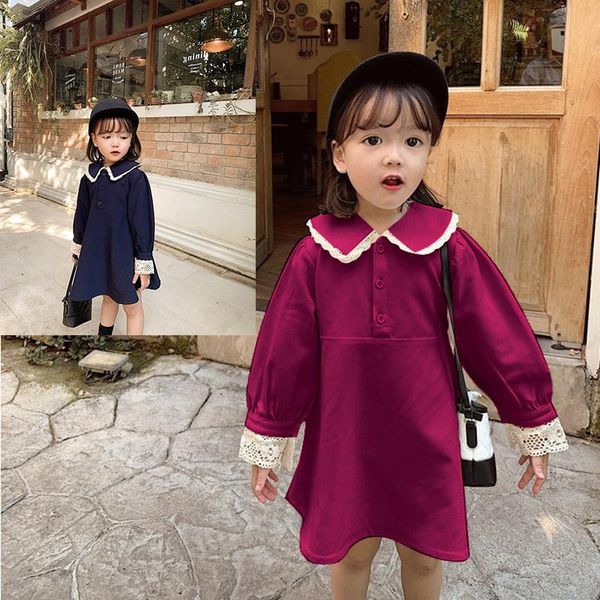 

girl's dresses girls vintage lace princess dress spring autumn kids korean lapel solid 3-7 years children comfortable casual clothes, Red;yellow