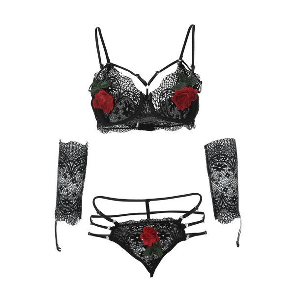

3Pieces/Lot Sexy Floral Lace Embroidery Women Bandage Underwire Bra Temptation Thong With Glove Soft Ultrathin Lingerie Set lenceria, Black