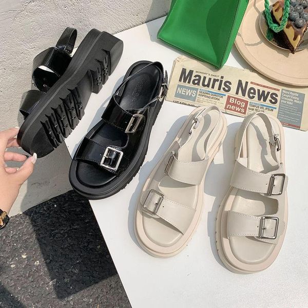 

sandals platform sandal summer 2021 peep-toe muffin white belt buckle middle heel, Black