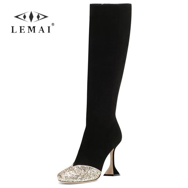 

boots wine cup heel pointed toe knee-high for women fashion elegent high shoes gold side zipper, Black