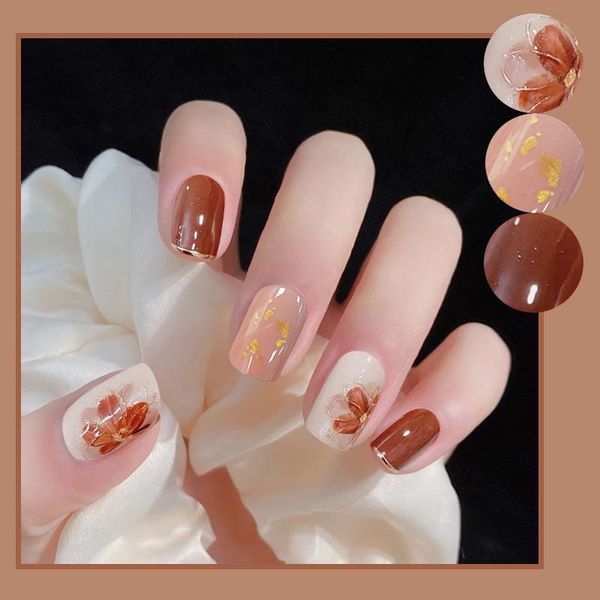 

false nails 24 pcs brown caramel flowers short flat shape uv gel glue fake reusable full cover square with sticker, Red;gold