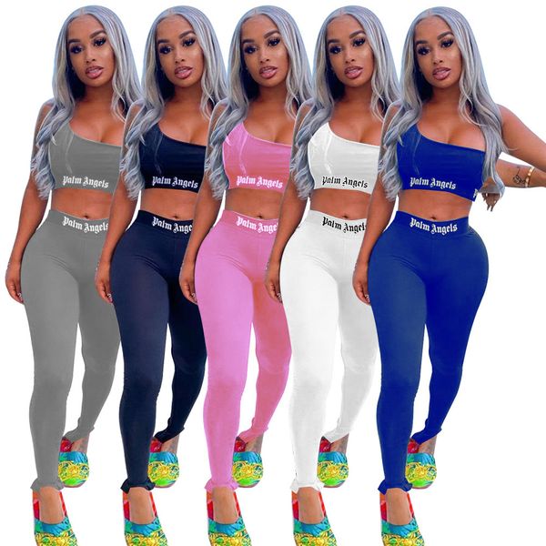 

selling women summer casual tracksuit 2021 new solid color fashion print letter 2 two piece outfits sleeveless yoga leggings sportswear, Gray