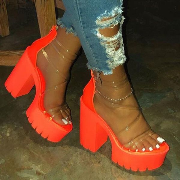 

sandals night club party platform chunky heel summer plus size shoes transparent gladiator women, Black