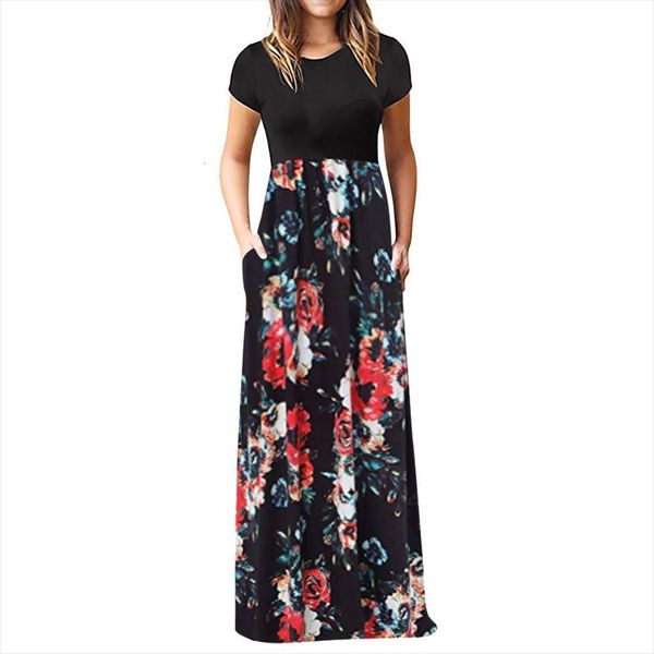 

50 vintage casual womens dress short sleeve o neck retro printes maxi tanks long fashion ladies summer clothing, Black;gray