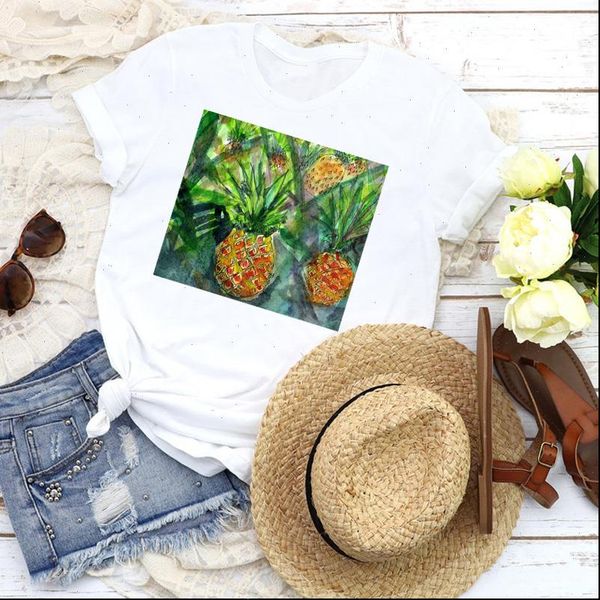 

women graphic watercolor fruit beach pineapple cute cartoon 90s lady clothing female tees print t shirt womens t shirt, White