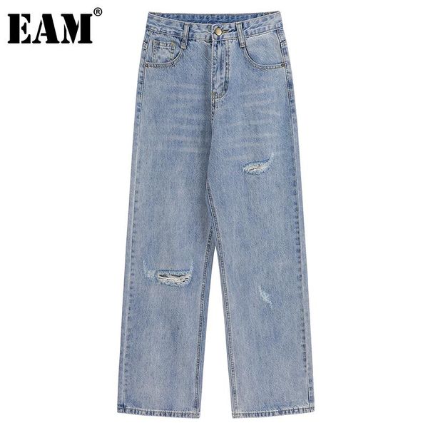 

women's jeans [eam] leisure vintage hole blue wide leg high waist loose women trousers fashion tide spring autumn 2021 1dd4928