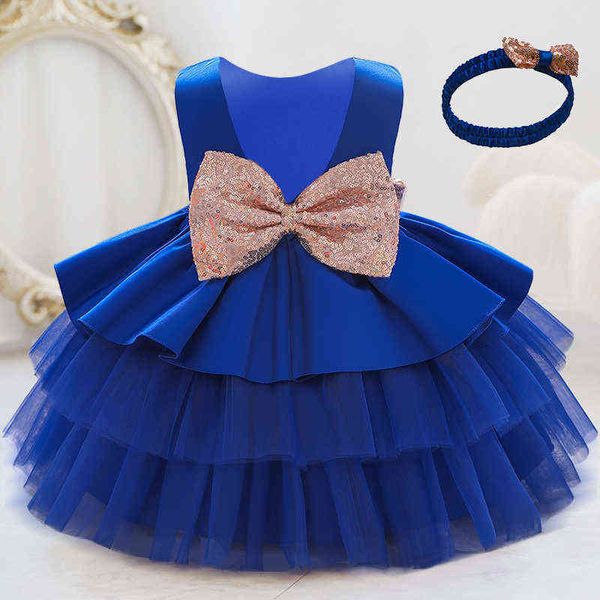 Novo 2021 Formal Batismo Batismo Primeiro 1º Aniversário Vestido para Bebé Roupas Princesa Vestidos Com Headband Festa Vestido Bowknot G1129