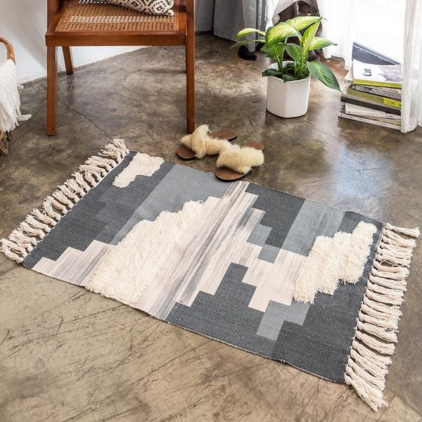 

bath mats vintage cotton and linen tufted floor bedroom bedside living room sofa coffee table handmade tassel carpet