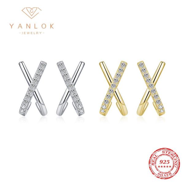 

stud yanlok cross genuine 925 sterling silver sparkling clear cz earrings for women fashion wedding anniversary jewelry gifts, Golden;silver
