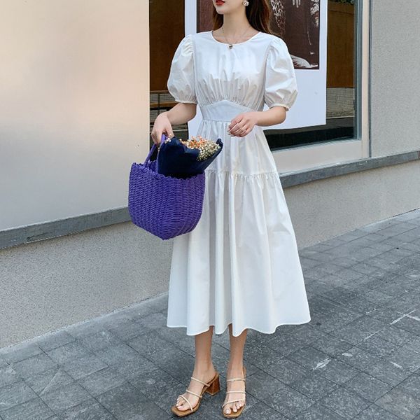 

new arrival fashion women elegant summer puff sleeve cotton casual temperament young hollow out a-line dress qtn1, White;black