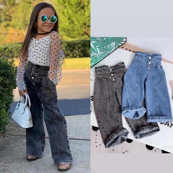 

jeans girls wide-legged spring and autumn children loose straight soft denim pants chubby kid high waist, Blue