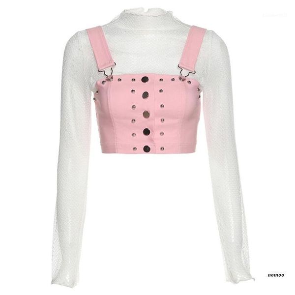 

women's t-shirt null women fake 2 pieces sheer lace crop long sleeve turtleneck white with pink button bib suspender vest harajuku