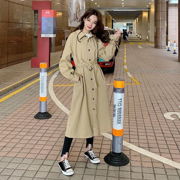 

women's trench coats khaki coat women long spring 2021 loose abrigos single-breasted pocket casual windbreaker ladies z1012, Tan;black