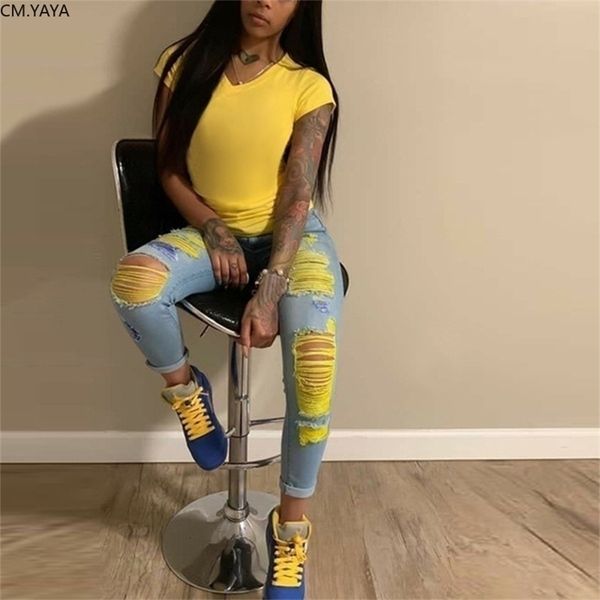

summer denim pant retro solid hole jeans ripped pencil trousers street skinny high waist lady gl901 210809, Blue