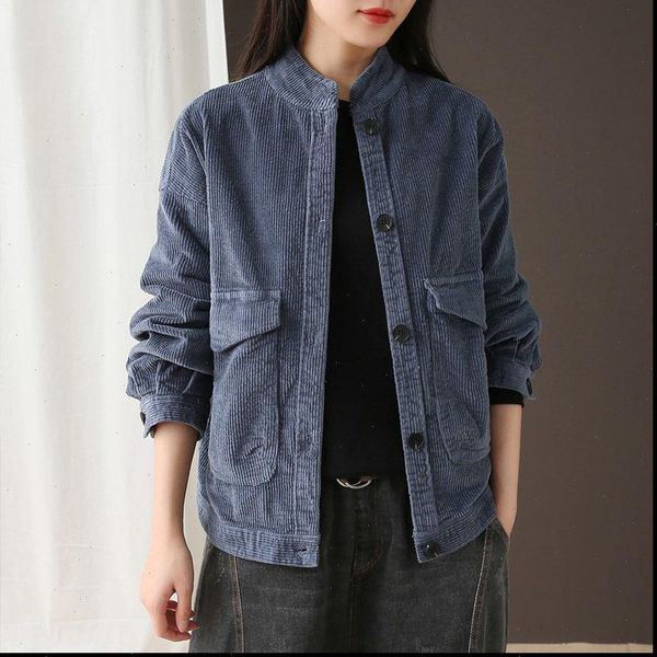 

new arrival 2021 autumn women single breasted jackets 100% cotton corduroy double pocket vintage casual short coat female s313, Black;brown