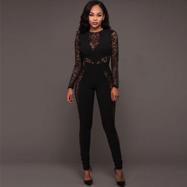 

women's jumpsuits & rompers fashion women sheer lace zipper high waist bodysuit long sleeve playsuit bodycon jumpsuit romper macacao fe, Black;white