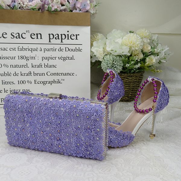 

violet flower wedding shoes matching bags high heels toe beading strap ladies party shoe and set nk5k, Black
