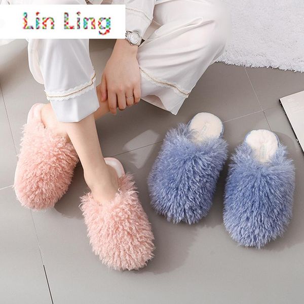

luxury chic curly fur house slippers for women floor winter warm shoes non-slip indoor bedroom women fuzzy slippers, Black