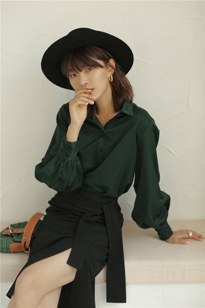 

2021 new fall women green lantern button up collar long sleeve shirt casual autumn ladies blouse 0w3q, White