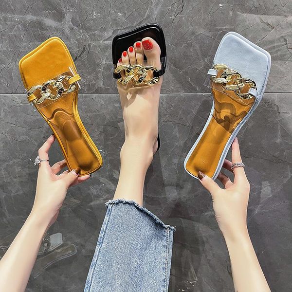 

slippers net red niche design transparent gold chain open-toed stiletto female summer fashion high-heeled sandals and, Black