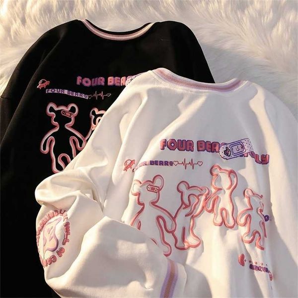 

cartoon bear women's sweatshirts preppy style o-neck long sleeve fun bear print pullover loose oversize female sweatshirt 211104, Black