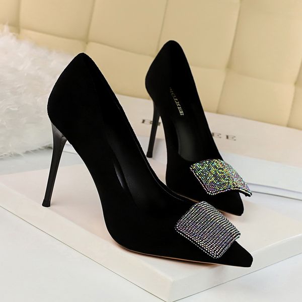 

korean high heel shoes-banquet womens shoes thin heeled high-heel suede shallow mouth pointed shiny man-made diamond shoes, Black