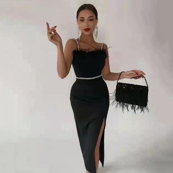 

casual dresses 2021 women's bandage dress black feather fashion spaghetti bodycon split club party celebrity vestido, Black;gray