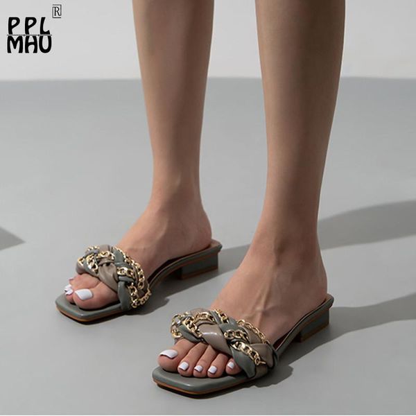 

slippers low-heel square head women fashion outside wear party shoes classic pu leather non-slip casual woven sandals, Black