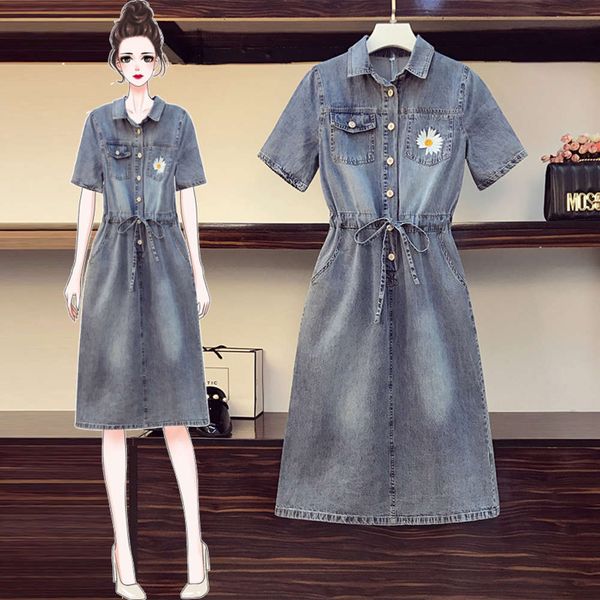 

big size women's dress in summer 2020 new fat sister's belly covered and waist reduced denim dress, Black;gray