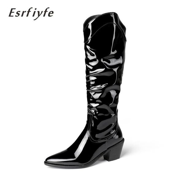 

boots esrfiyfe 2021 winter women high heels vintage embroidered knee thigh designer riding cowboy big size, Black