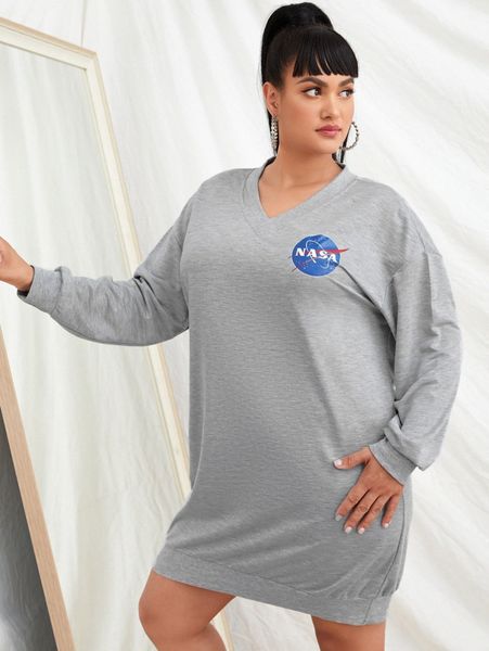 

plus letter graphic v-neck sweatshirt dress k1g7#, Black