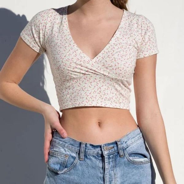

women's t-shirt women floral print crossover v-neck short sleeved crop cotton blend tee camis brandy melville tees, White