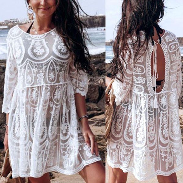 

women backless bikini cover up white embroidered floral lace swimwear dress mxma