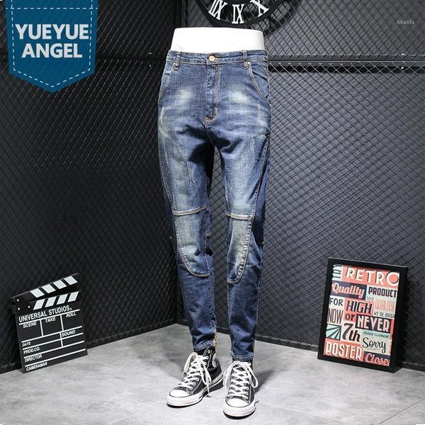 

autumn mens denim harem pants loose fit pencil fashion patchwork straight jeans men winter fleece large size 40 42 men's, Blue