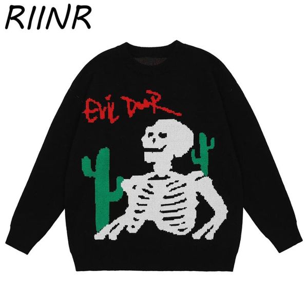 

men's sweaters men sweater autumn and winter fashion black loose cactus skull print street all-match retro knit pullover, White;black