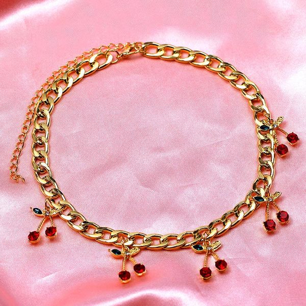 

chains fashion cute red pink cherry crystal pendant necklace women's sweet fruit thick metal clavicle chain party jewelry, Silver