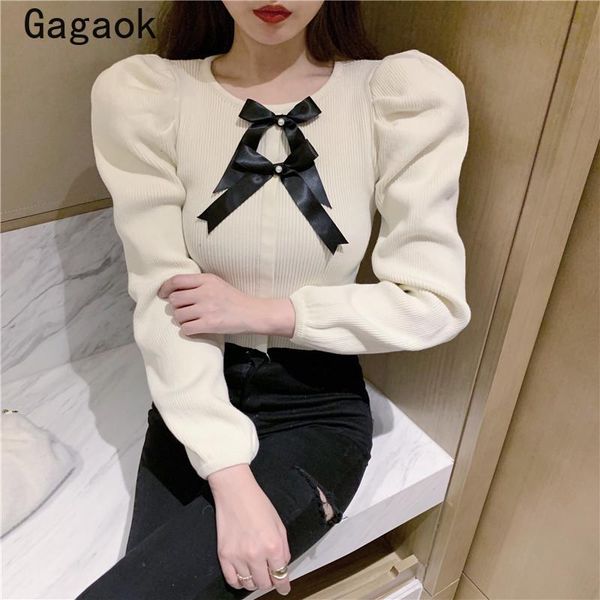 

gagaok women basic sweater 2021 spring autumn new o-neck full sweet bow solid knitted sweaters slim korean chic wild pullovers, White;black