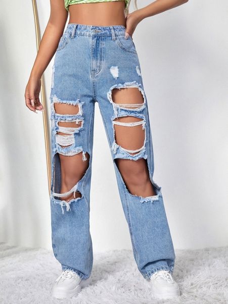 

high waist ripped wide leg jeans o8b9#, Blue