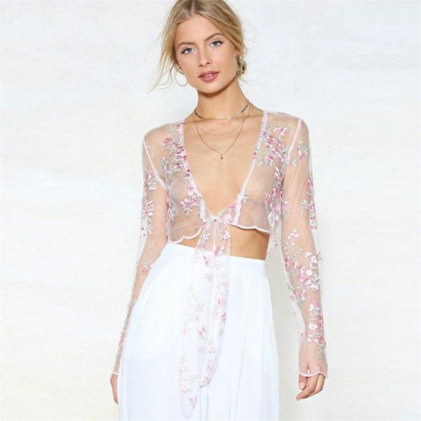 

sheer mesh blouse women ladies floral embroidered see-through crop fancy summer beach casual sunscreen deep v female women's swimwe, White;black