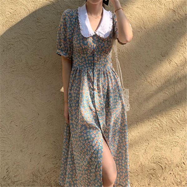 

2021 new women chiffon summer fashion female sleeve vintage floral print peter pan collar boho casual vestidos k8bw, Black;gray