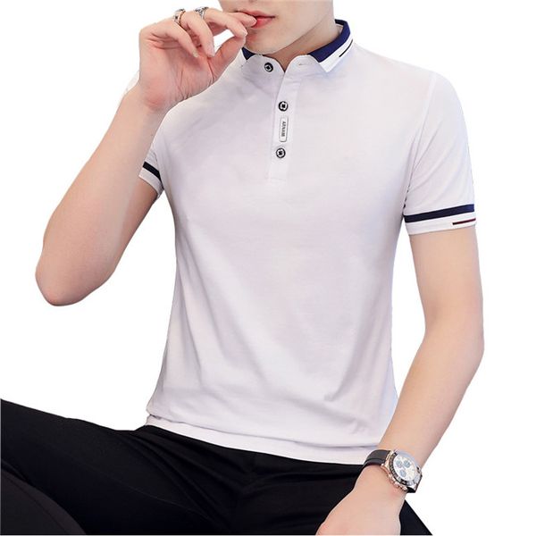 

men's polos 4 colors mens summer short-sleeved slim stand-up collar pure cotton fashion shirt, White;black