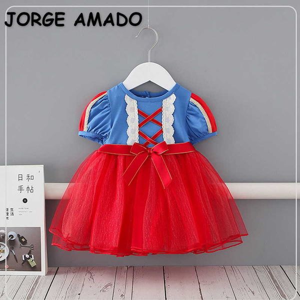 Verão bebê menina vestido curto sleeves sleeves lolita estilo azul vermelho laço princesa crianças roupas e9238 210610