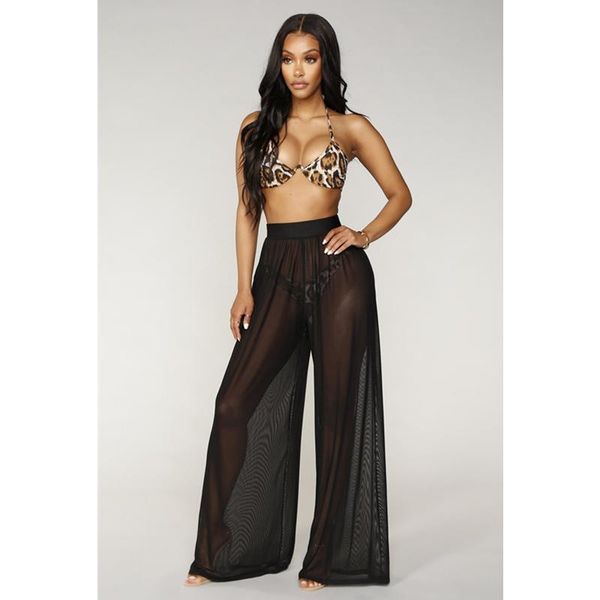 

women's swimwear brand women mesh wide leg pants bikini cover up high waist transparent long trousers beachwear bathing wear, White;black