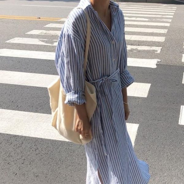

casual dresses 2021 autumn korean style all-match turn-down collar blue stripe mid-calf length dress for women fashion tide d043, Black;gray