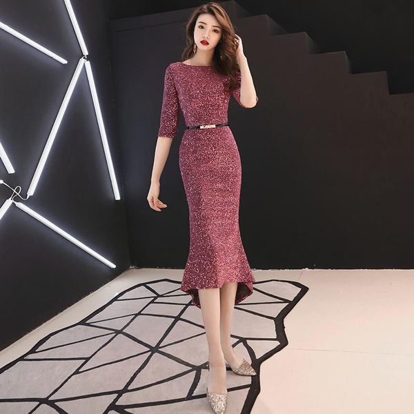 

ethnic clothing luxury sequins young lady pleated dress cheongsam round neck with lace evening party gown novelty vestidos prom dresses, Red