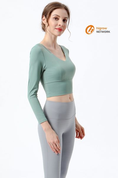 

promotion good quality itness cross lu lu yoga suit sports outdoor clothing comfortable women's t-shirt long sleeve with chest pad, White