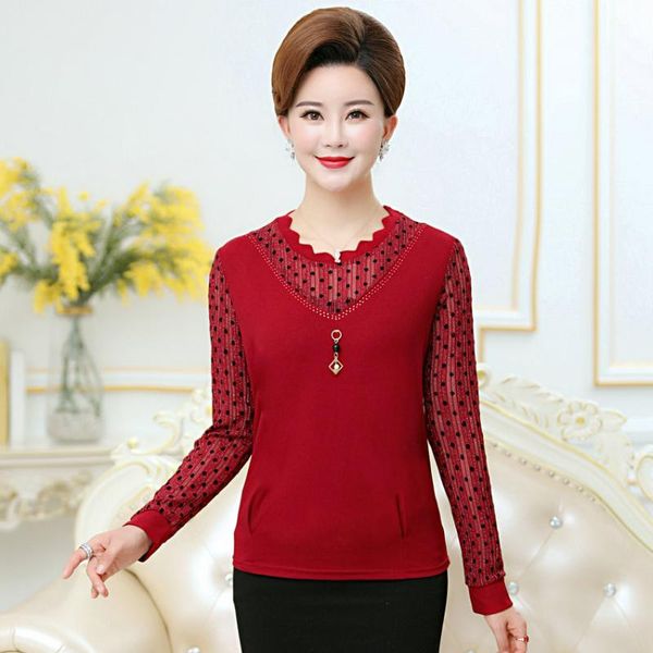 Blusas das mulheres Camiseta Vermelho preto Caramelo Patchwork Polka Dot Blusa Meio Envelhecido Mulheres Mola Outono Redondo Coleira Brilhante Tela Longa S