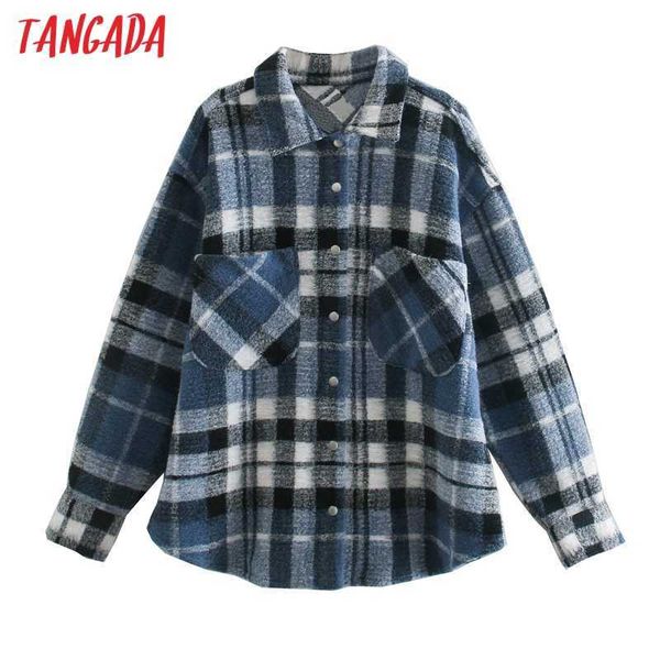 

tangada women blue plaid thick coats jacket loose long sleeves pocket spring coat outwear 3l60 210609, Black;brown