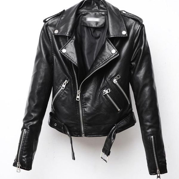 

women's leather & faux [ewq] korea chic fashion 2021 autumn winter lapel thin short pu multi zipper jacket coat female tide 16e3585, Black